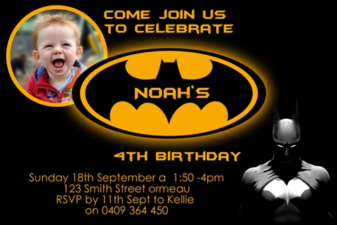 Batman personalised photo birthday party invitations