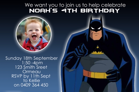 Batman personalised photo birthday party invitations