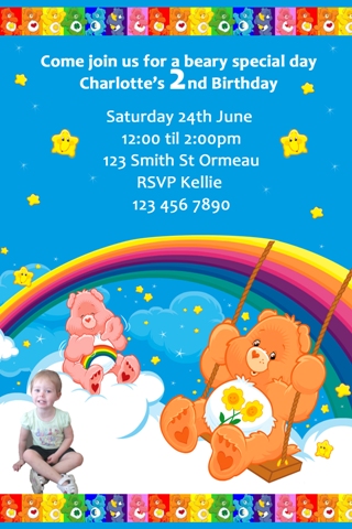 Care Bears personalised photo birthday invitations