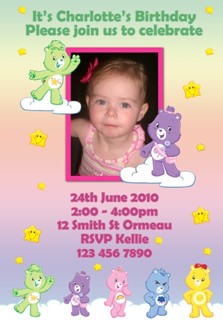 Care Bears personalised photo birthday invitations