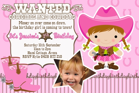 girls pink cowgirl personalised photo birthday party invitations