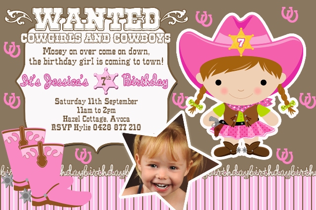 girls pink cowgirl personalised photo birthday party invitations