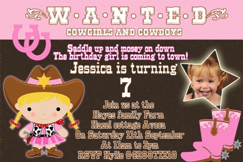 cowgirl personalised photo birthday party invitations