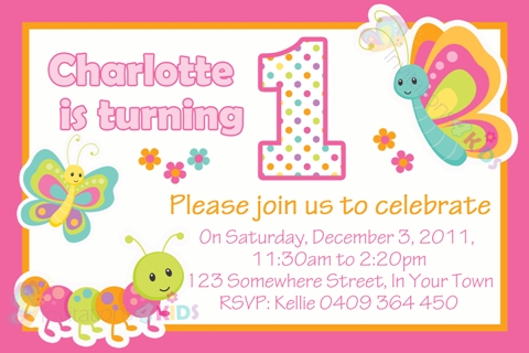 girls Butterfly and Cute Bugs 1st first birthday personalised party invitations