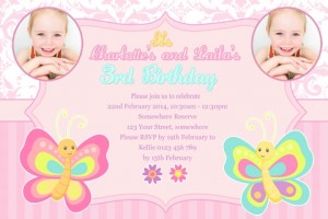 Twin girls butterfly floral pink birthday invitation
