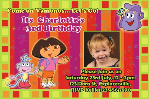 dora the explorer personalised photo birthday party invitations