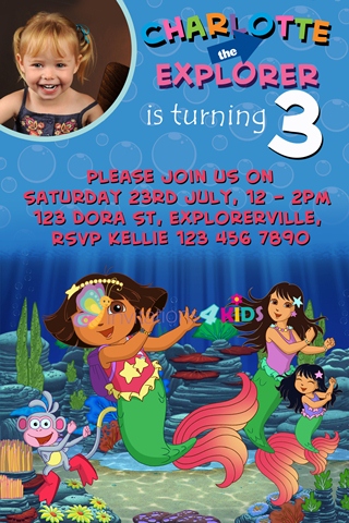 Dora The Explorer mermaid birthday party invitations