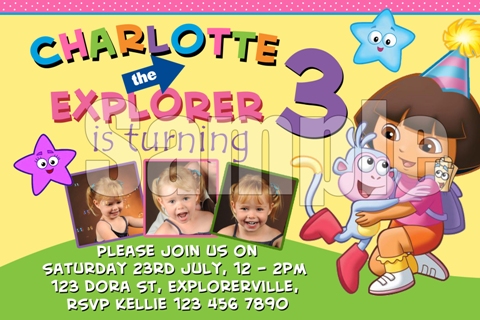 dora the explorer personalised photo birthday party invitations