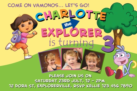 dora the explorer personalised photo birthday party invitations