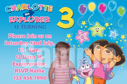 dora the explorer personalised photo birthday party invitations