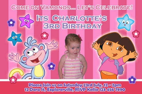 dora the explorer personalised photo birthday party invitations