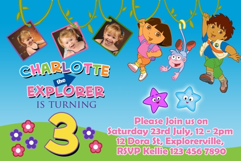 dora the explorer personalised photo birthday party invitations