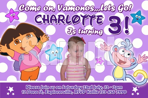 dora the explorer personalised photo birthday party invitations