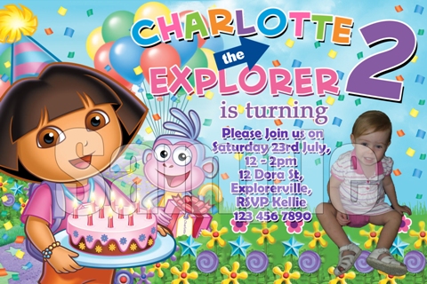 dora the explorer personalised photo birthday party invitations