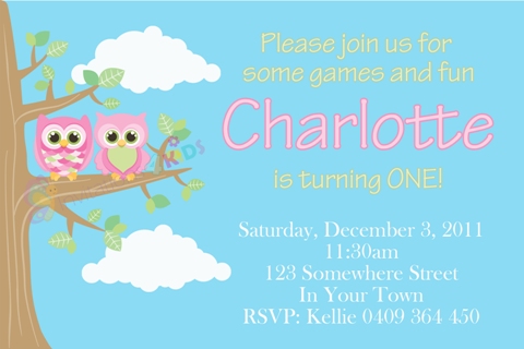 Girls personalised owl invitations