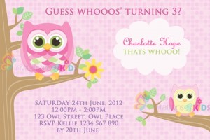 Girls pink personalised owl birthday party invitations