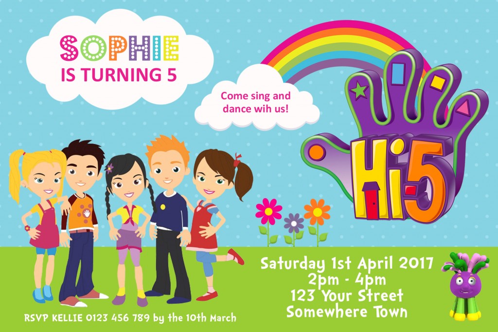 Hi 5 team cartoon birthday party invitation