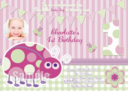 first birthday Lady Bug beetle pink green invitation