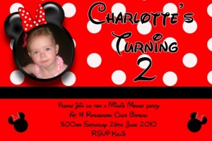 redblack and white Minnie Mouse girls personalised photo birthday party invitation and invite