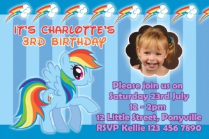 girls blue rainbow My Little Pony dash personalised photo birthday party invitations