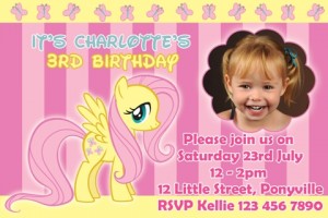 girls yellow pink butterfly My Little Pony fluttershy personalised photo birthday party invitations