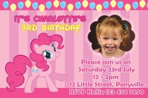 girls pink yellow balloon My Little Pony pinkie pie personalised photo birthday party invitations