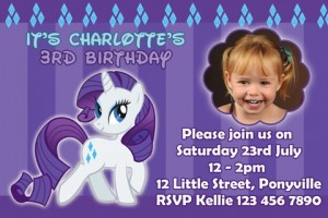 girls purple blue diamond My Little Pony rarity personalised photo birthday party invitations