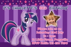 girls purple star My Little Pony sparkle personalised photo birthday party invitations