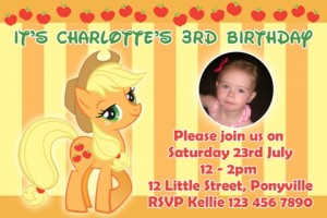 girls yellow orange apples cowgirl My Little Pony applejack personalised photo birthday party invitations