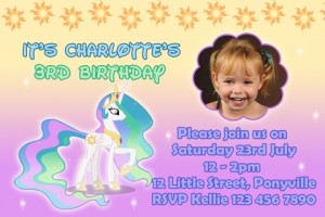 girls rainbow sun My Little Pony celestia personalised photo birthday party invitations