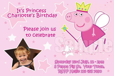 girls pink princess Peppa Pig personalised photo birthday party invitations