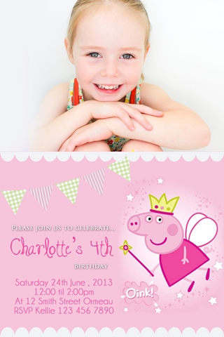 girls princess Peppa Pig invitations with photo