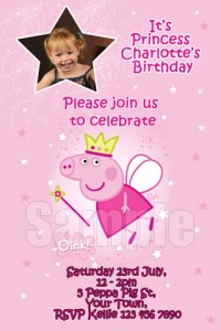 girls princess Peppa Pig personalised photo birthday party invitations