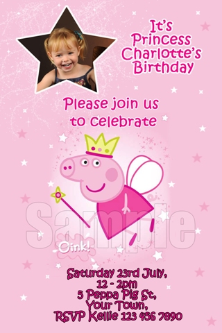 girls princess Peppa Pig personalised photo birthday party invitations