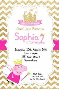 girls Peppa Pig princess pink gold glitter personalised invitations