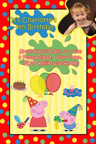 Peppa Pig personalised photo birthday party invitations