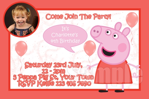 Peppa Pig personalised photo birthday party invitations