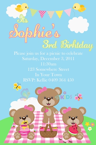 Girls personalised picnic bears invitation