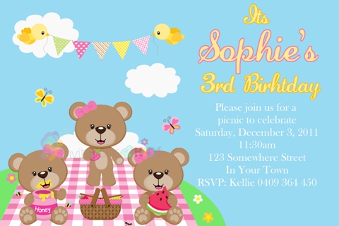 Girls personalised picnic bears invitation