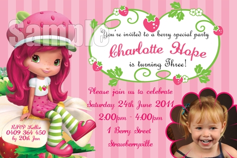 girls Strawberry shortcake personalised photo birthday party invitations