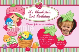 Strawberry shortcake personalised photo birthday party invitations