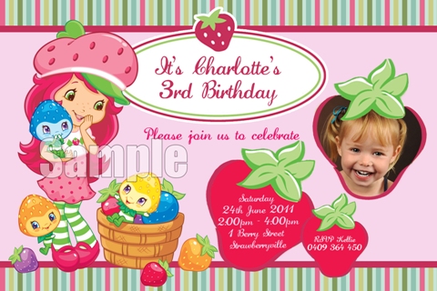 Strawberry shortcake personalised photo birthday party invitations