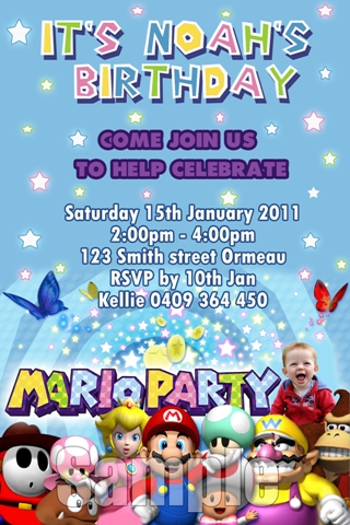 Super Mario personalised photo birthday party invitations