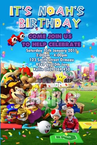 Super Mario personalised photo birthday party invitations