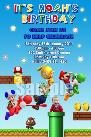 Super Mario personalised photo birthday party invitations