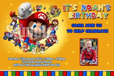 Super Mario personalised photo birthday party invitations
