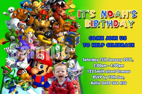 Super Mario personalised photo birthday party invitations