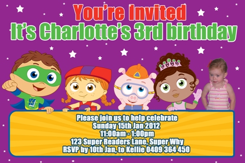 Super why readers personalised photo birthday party invitations
