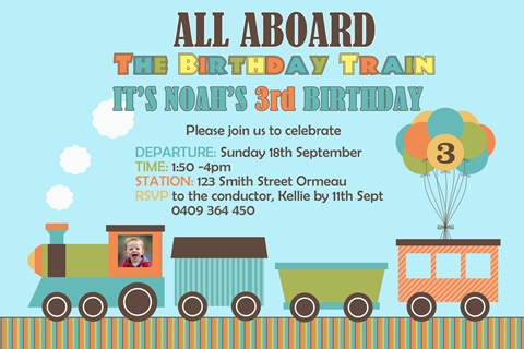 colourful boys Train invitations