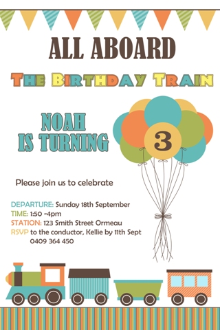 Train personalised photo birthday party invitations